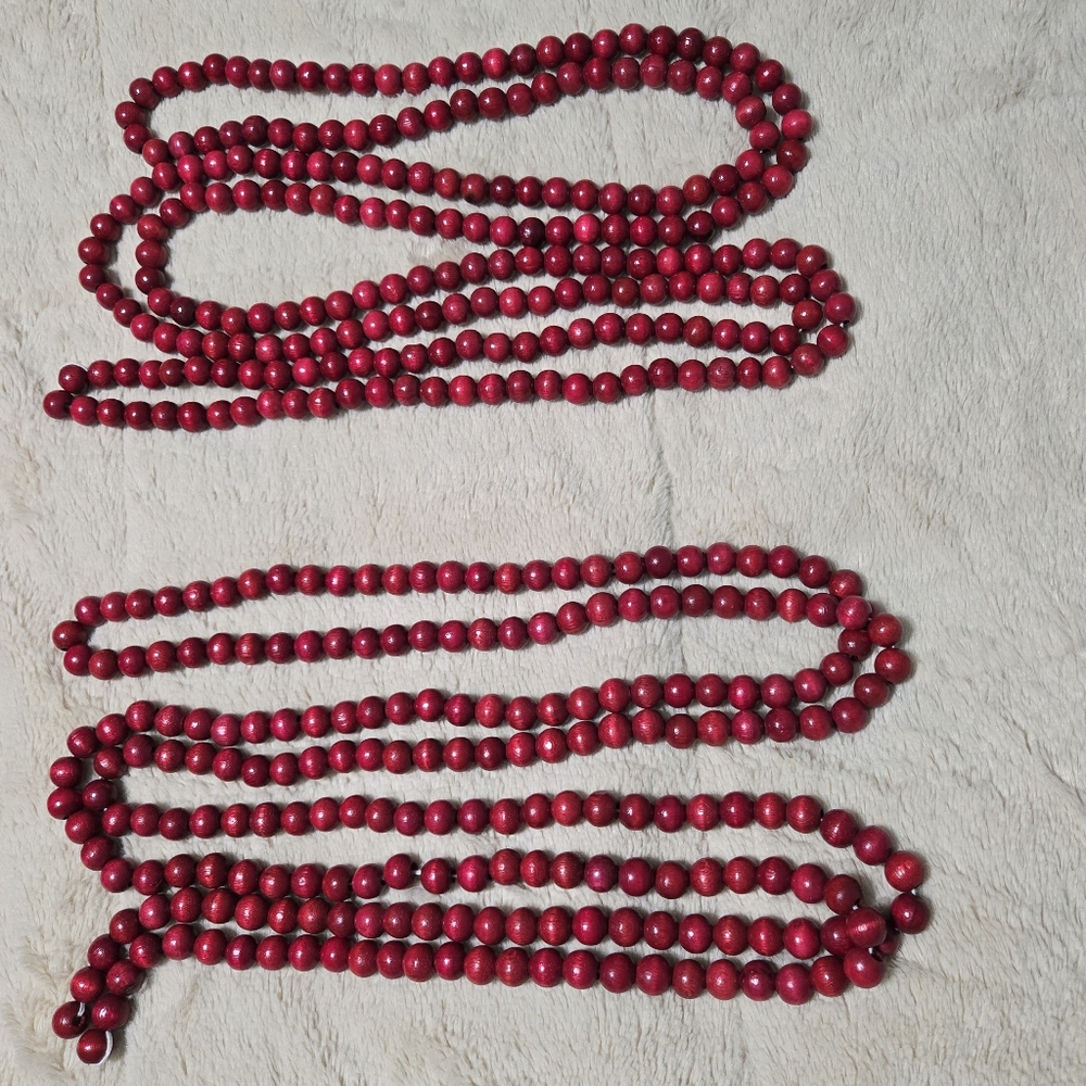 Set of 2 Wooden Bead Garland, Red Wood Beaded Christmas Garland, 9ft each